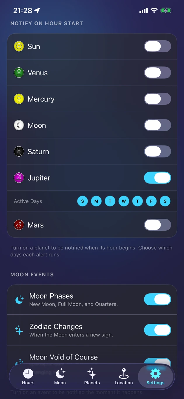 A gentle alert the moment your chosen planet's hour begins.